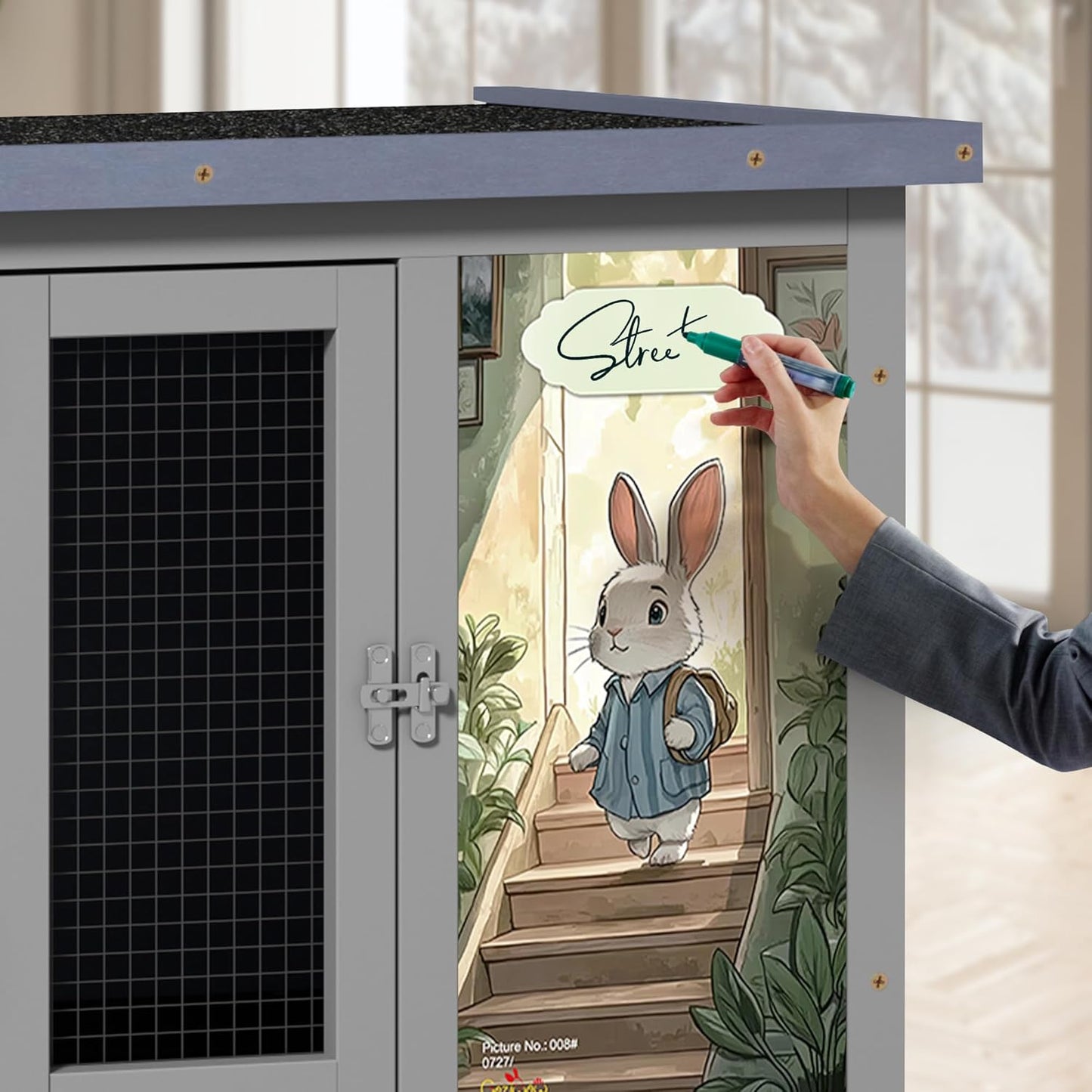 COZIWOW Double Layers Durable 38In Rabbit Hutch Indoor on Wheels, Small Animal Houses Habitat, Rolling Large Bunny Cage Outdoor with Removable Tray, Ramp, Two Story Bunny Cage（Grey with Pattern）
