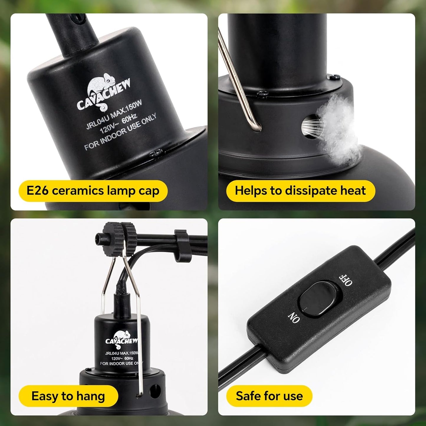 2 Pack Reptile Light Fixture, 8.5in Deep Dome Reptile Lamp Fixture, Optical Reflection Cover, Separate Switch & Hook, Terrarium Light Fixture for Reptile Heat Basking UVB Bulbs, 150W, Black