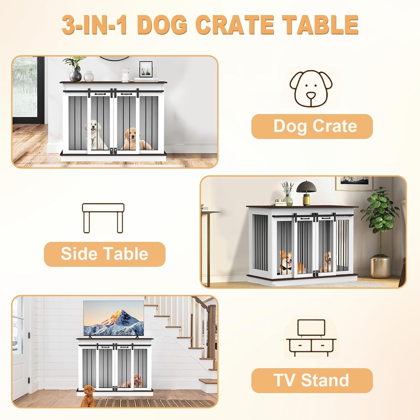 RQZ Double Dog Crate Furniture for 2 Dogs Heavy Duty Wood Dog Cage Table with 2 Sliding Doors and Removable Divider Dog Kennel Indoor for Medium Large Dogs (47" L x 24" W x 35" H)