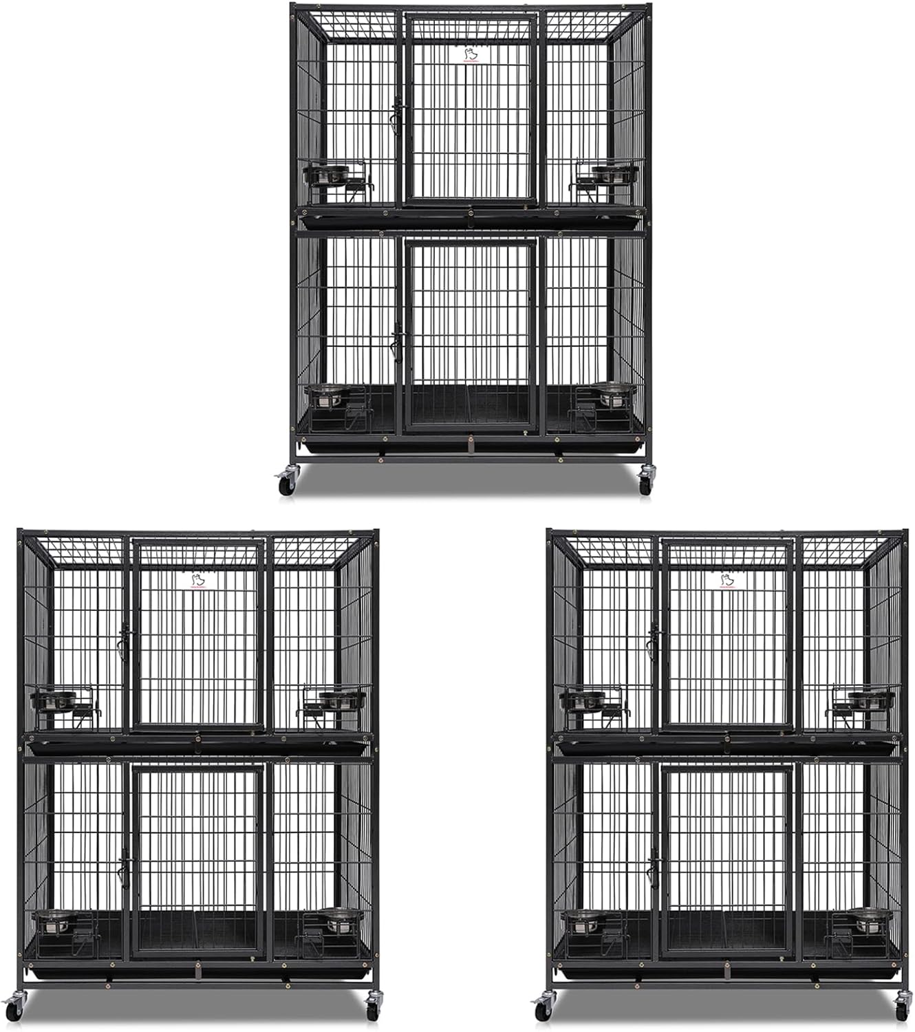 Homey Pet Two Tiers 37 Inch Dog Crate Cage Kennel with Feeding Door and Bowls, Lockable Wheels and Removable Tray, Escape Proof Metal Wire Heavy Duty Dog Crates for Medium/Small Sized Dogs (3 Pack)