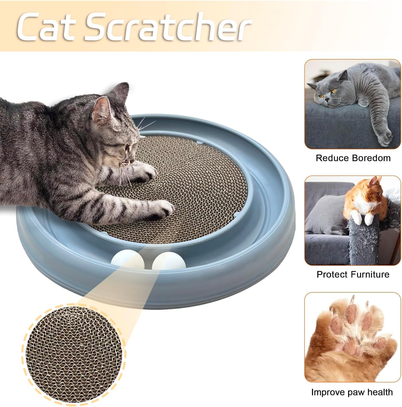 Interactive Cat Ball Track Toy for Indoor Cats, Cat Scratching Board & Exercise Set for Bored Indoor Adult and Kitten Mental & Physical Stimulation, with Spare Ball to Prevent Loss (Grey)