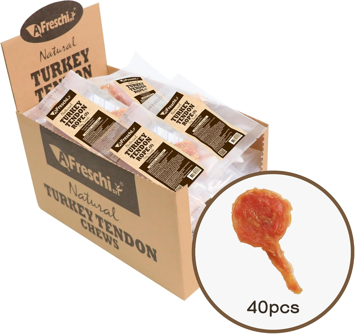 AFreschi Turkey Tendons for Dogs, USA-Sourced, Healthy Dog Treats, Rawhide-Free Puppy Chews, Long Lasting, All Natural, Hypoallergenic Dog Treats for Small Breeds, 40 Count Box Lollipop (S)
