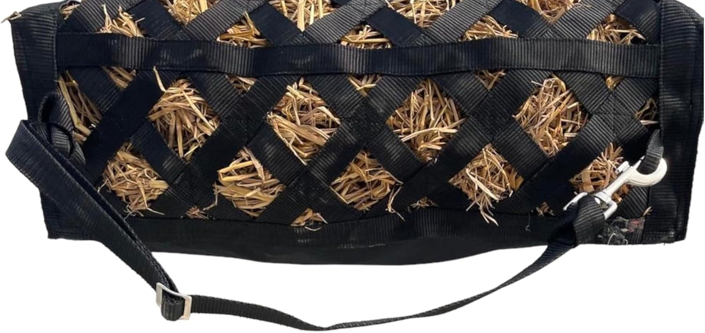 Majestic Ally Premium Nylon Hay Bag for Horses and Livestock, Simulates Grazing, Slow Feeding, Heavy-Duty PP Webbing,Quick-Adjust Straps, Small Hole for Digestion, Multiple Colors (Black)