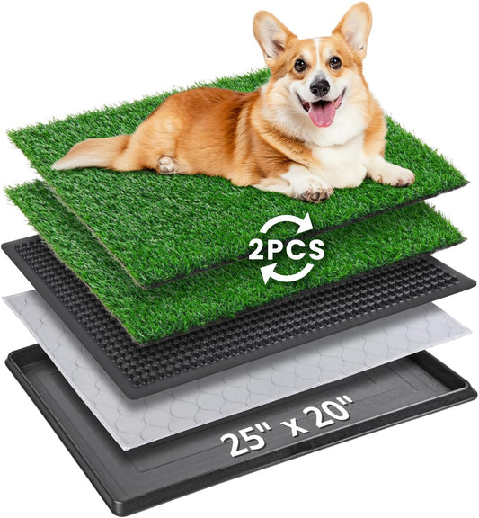 Portable Dog Litter Boxes with 2 Pack Replacement Artificial Grass,Indoor Outdoor Potty Training Turf,Washable Reusable Pee Pad for Dogs, Balcony Fake Grass Pad with Tray(Dog Litter Box, 20''x25'')