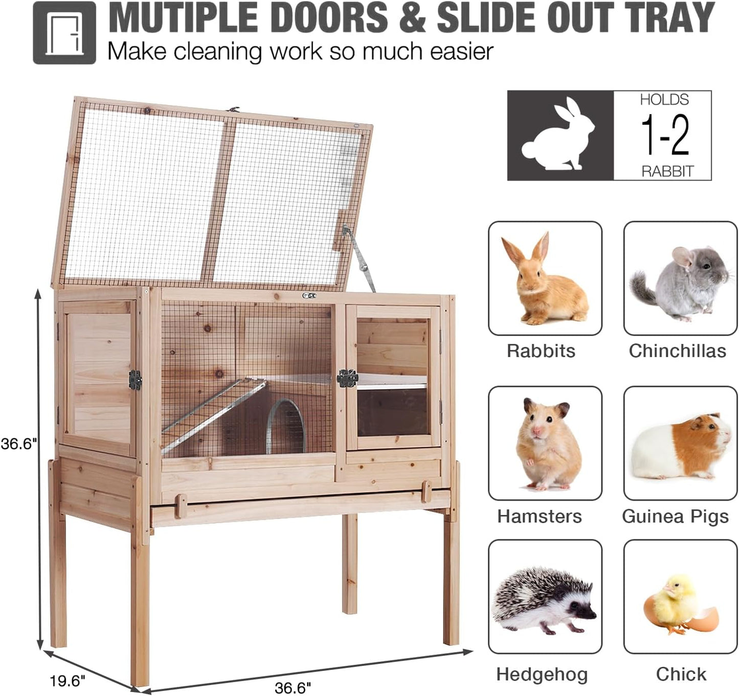 Guinea Pig Cages with Anti Chewing Edges and Cool Zinc Plate, Indoor Rabbit Hutch with Hideout and PVC Platform, Elevated Legs Hamster Cage 36.6" L (Nature)