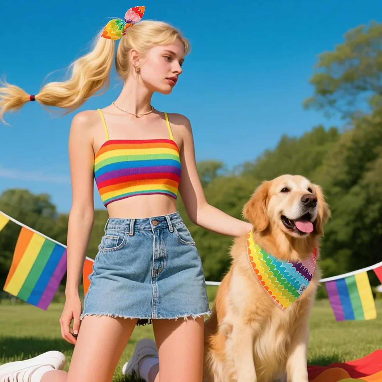 E-Clover Rainbow Dog Bandanas & Matching Scrunchie Set Girl Cute Pride Dog Scarf Bibs Pet Bandana with Bow Tie for Medium Large Dogs Owner Mom Summer