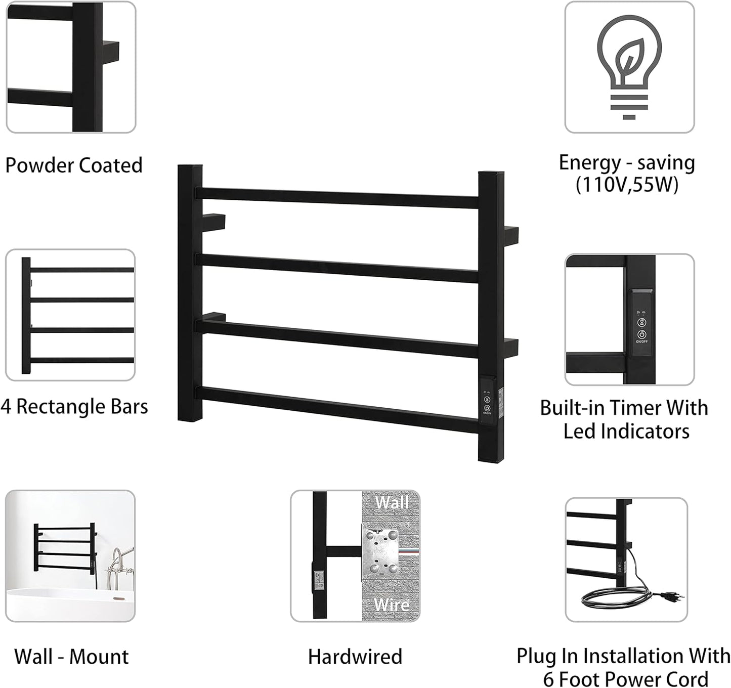 KEG Towel Warmer 4 Bars for Bathroom Wall Mounted Bath Towel Heater Hardwired and Plug-in with Built-in Timer Matte Black