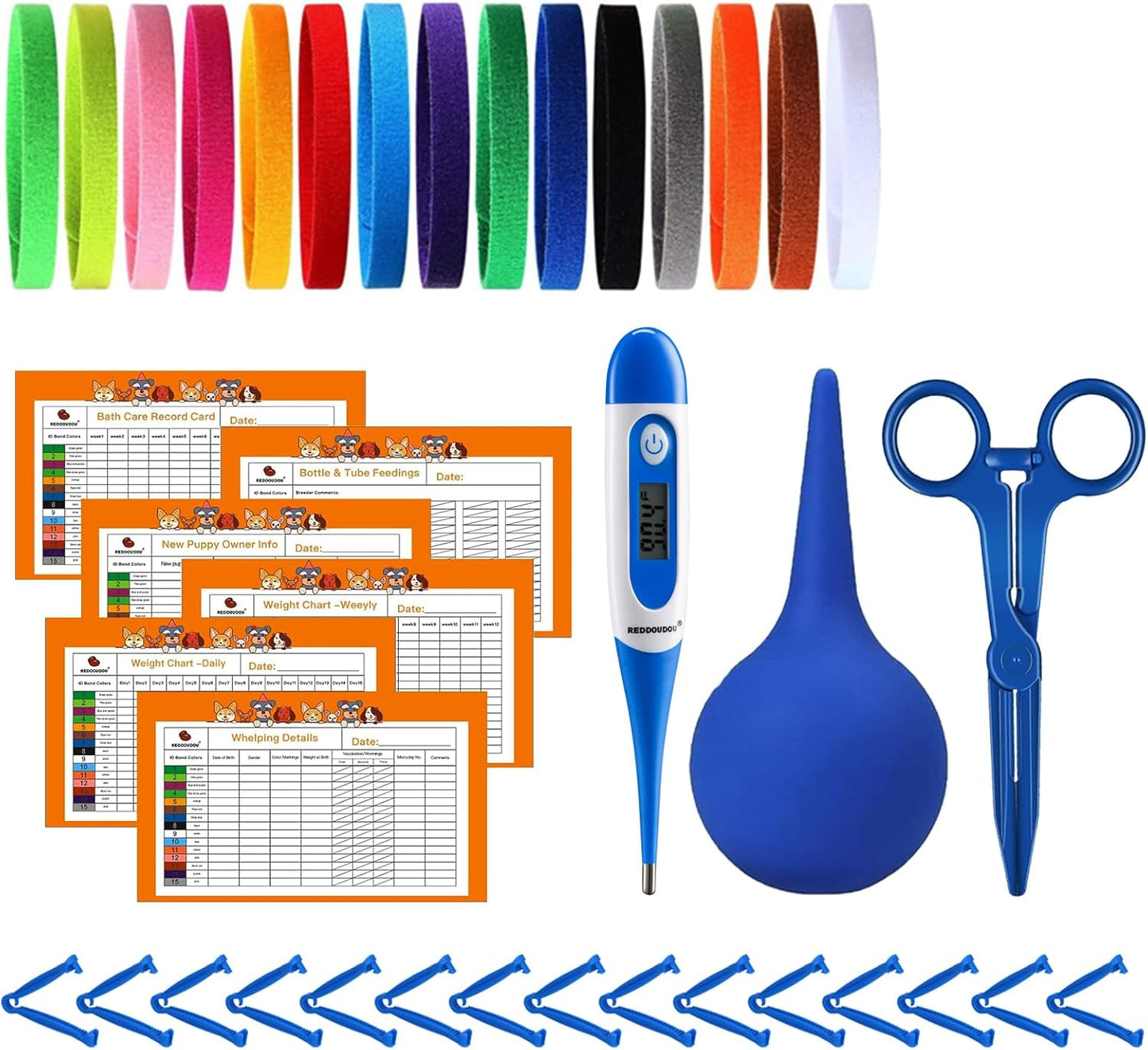 Puppy Kitten Whelping Kit, Newborn Dogs Cats Pet Whelping Kit with 6P Record Keeping Charts, 15P Pet ID Collars, 1P Aspirator Bulb, 15P Umbilical Cord Clip, 1P Hemostatic Forcep