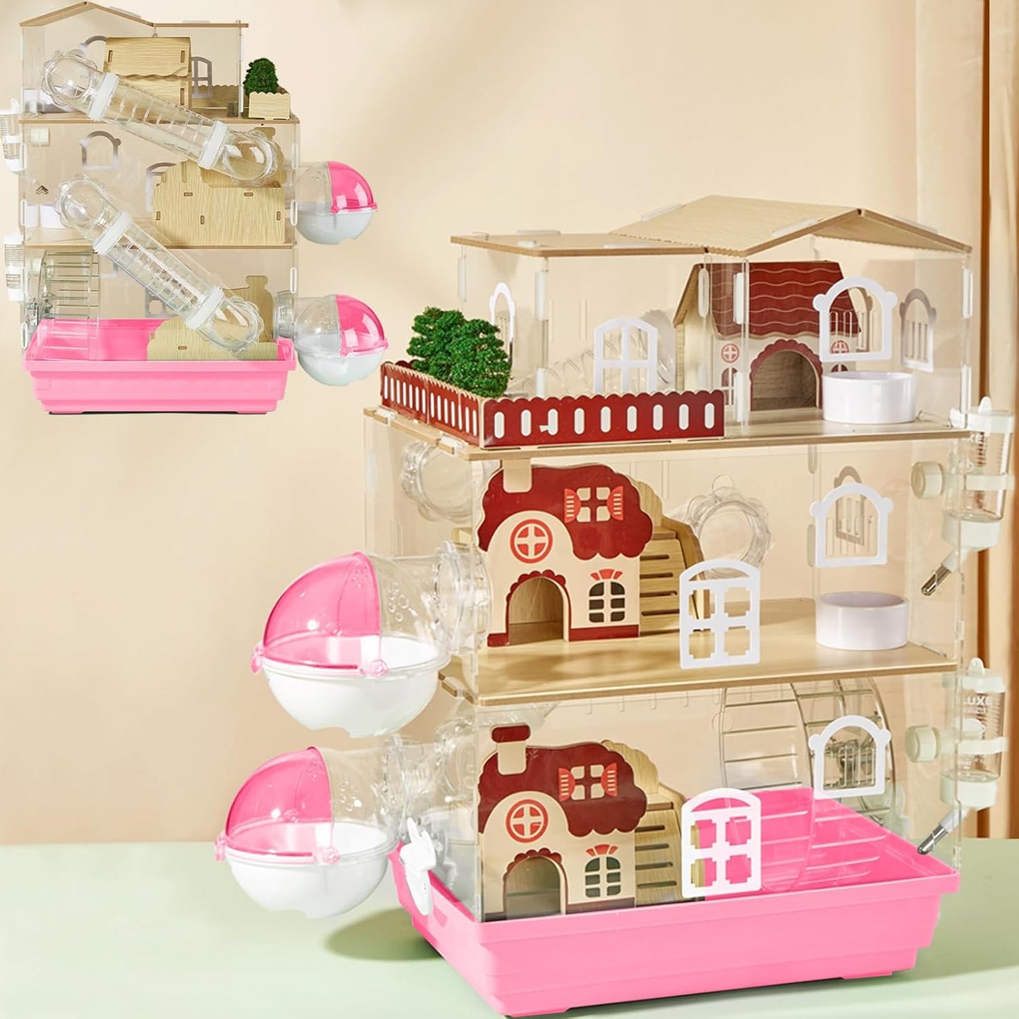 17 in 1 Clear Acrylic Hamster Cage with All Accessories,13.5''L* 10''W* 21''H Dwarf Hamster Cage,Magnetic Connection Small Hamster Enclosure,Garden Style Wooden Mouse Cage for Pet Mice(3-Layer,Pink)