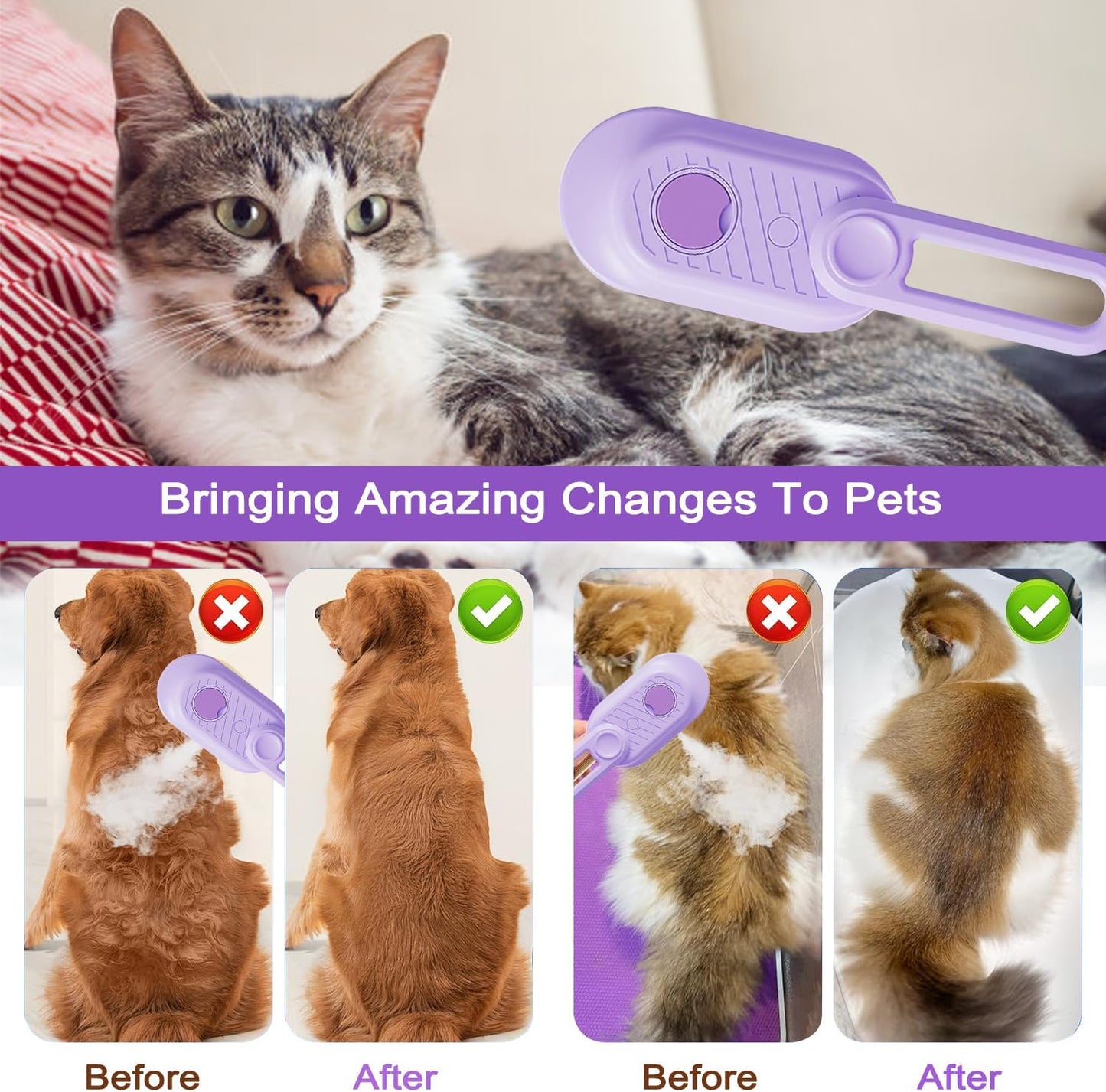 Cat Steam Brush for Shedding, 2025 New 4 in 1 Rechargeable Steam Pet Brushes for Cats & Dogs, Indoor Anti-static Pets Brush for Massage, Cleaning, Shedding & Combing Hair (Purple)