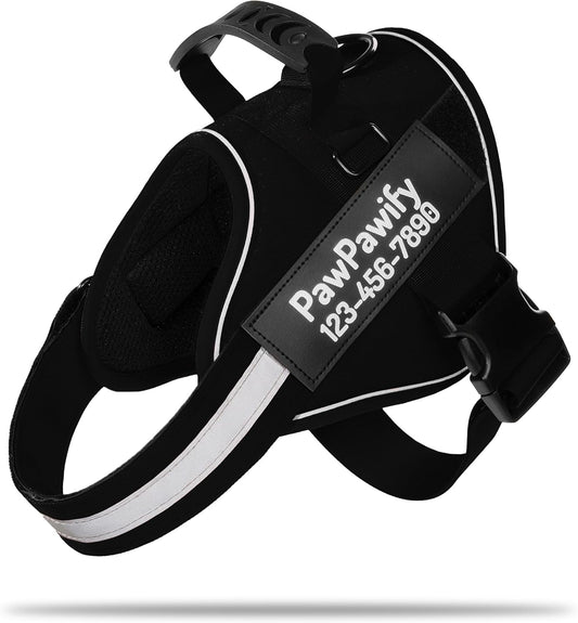 PawPawify Custom No Pull Dog Harness with Name and Phone Number, Heavy Duty Personalized Pet Vest to Prevent Tugging, Pulling, or Choking, Training and Walking (New Black, S (10-19LBS))