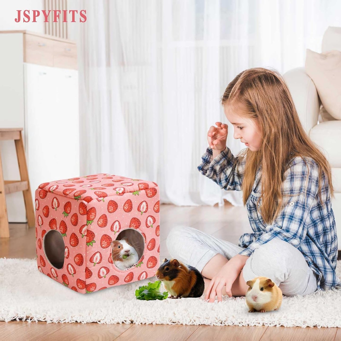 JSPYFITS Guinea Pig Hideout, Washable Guinea Pig House Cozy Small Pet Bed for Small Animal Bunny/Rabbit/Hamster/Chinchilla Accessories Pink Strawberry