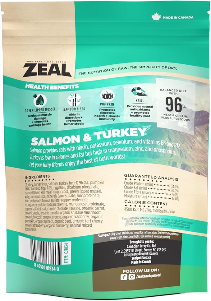 ZEAL Canada Air-Dried Salmon & Turkey Recipe for Cats - Superfood Omega-3 Rich, Dual-Protein, Grain Free, No Fillers, Complete Nutrition (Salmon & Turkey, 5 oz)