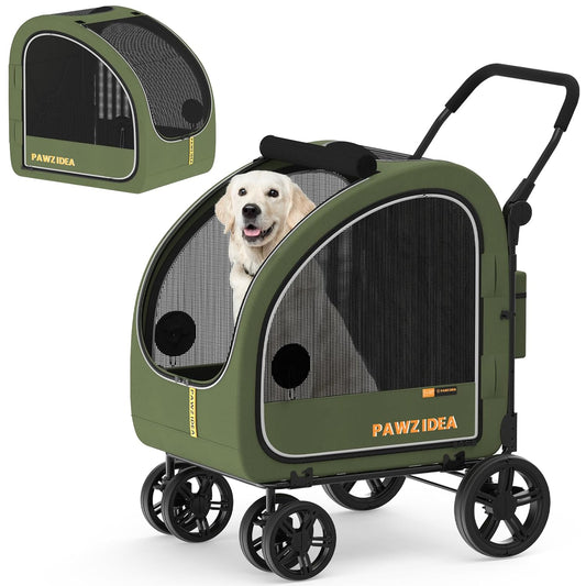 PAWZIDEA Dog Stroller for Large Dogs, Collapsible Pet Stroller with Detachable Carrier, Portable Dog Crate for Car Seat, Adjustable Handle, All-Terrain 9” Wheels, Ideal for Travel & Outdoor Adventures