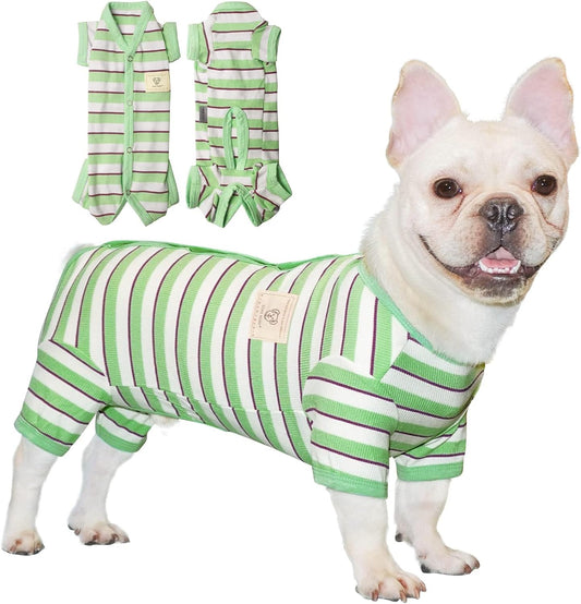 TONY HOBY Dog Pajamas, Male Dog Jumpsuit with Green Stripe, Dogs Clothes for Small Medium Size Dogs (Green&White, Boy, M)
