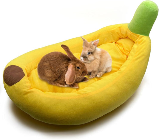 Rabbit Bed,Bunny Bed,Thick&Soft with Removable Mat,Machine Washable Guinea Pig Cushion,Cozy Rabbi Plush House,Warm Small Animal Sleeping Beds(Yellow Banana Shape-L)