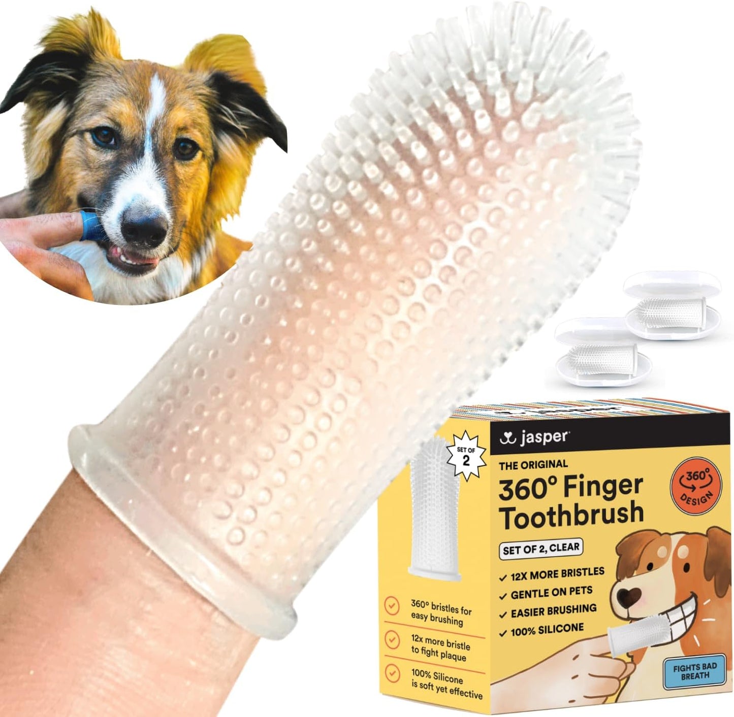 Jasper Dog Toothbrush, 360º Dog Tooth Brushing Kit, Cat Toothbrush, Dog Teeth Cleaning, Dog Finger Toothbrush, Use with Dog Toothpaste - Clear 2-Pack