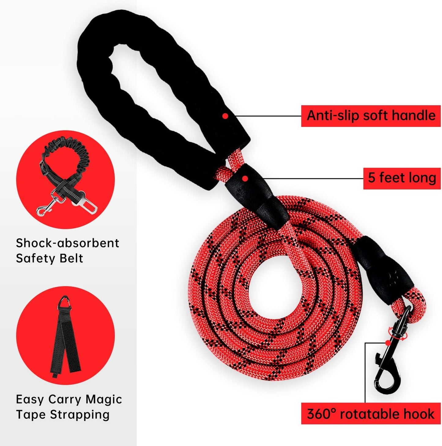 IVY&LANE No Pull Dog Harness for Medium Dogs, Dog Vest Harness with Leash, Safety Belt and Storage Strap, Fully Adjustable, 360 Reflective Strip, Soft Handle (Red, M)