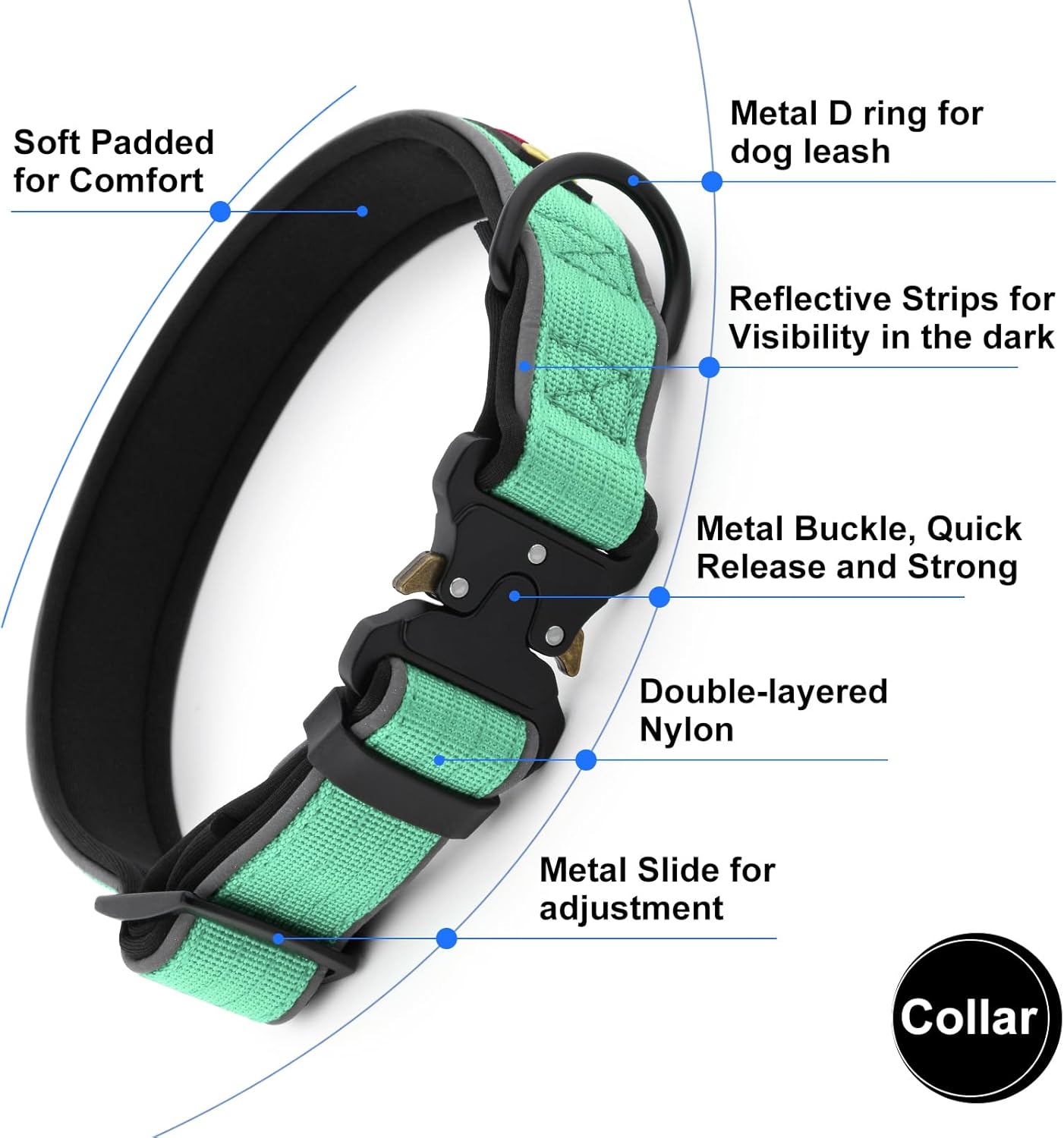 Plutus Pet Tactical Dog Collar, Reflective, Adjustable Heavy Duty Dog Collar, Soft Padded and Comfortable, for Small Medium and Large Dogs (Teal, M)