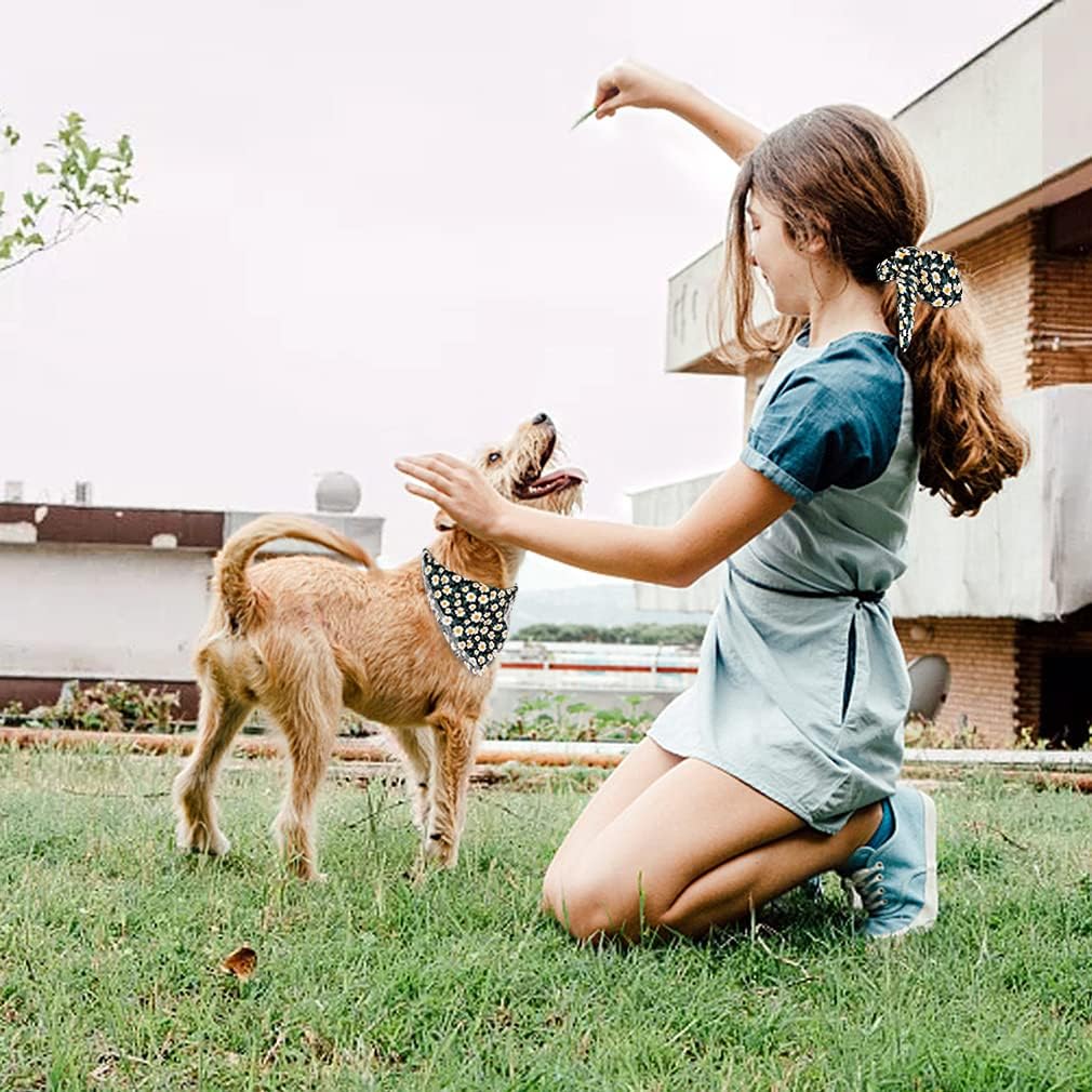 E-Clover Dog Bandanas & Matching Scrunchie Set Girl Dog Scarf Bibs with Bow Scrunchie for Small Dogs Puppy Pet Owner Gifts Flower Black