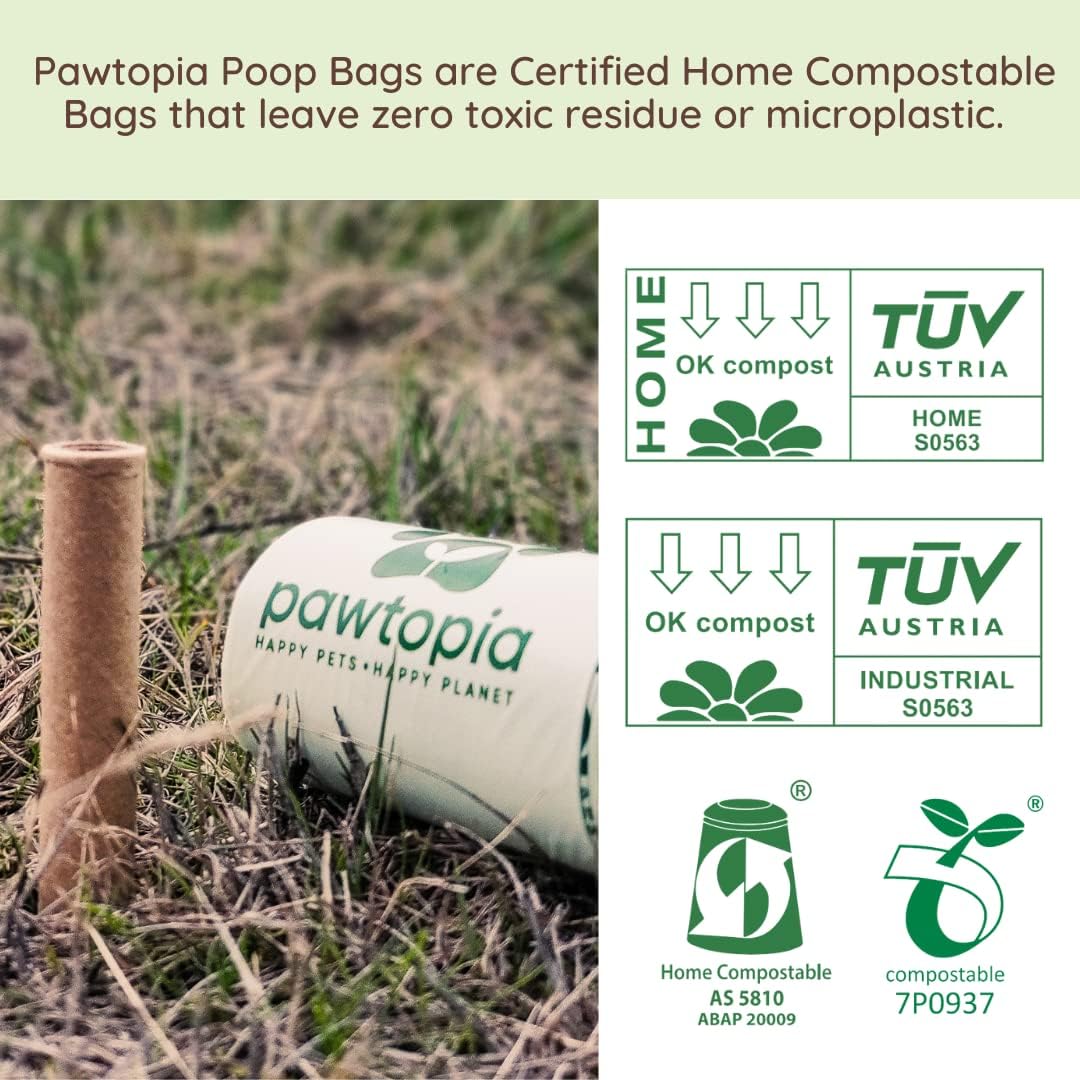 Pawtria Certified Home Compostable Dog Poop Bags (120) + Paper Dispenser, Biodegradable Poop Bags, Cat Litter, Vegetable Starches, Leak proof Dog Waste Bags, Easy to Open, Extra Thick