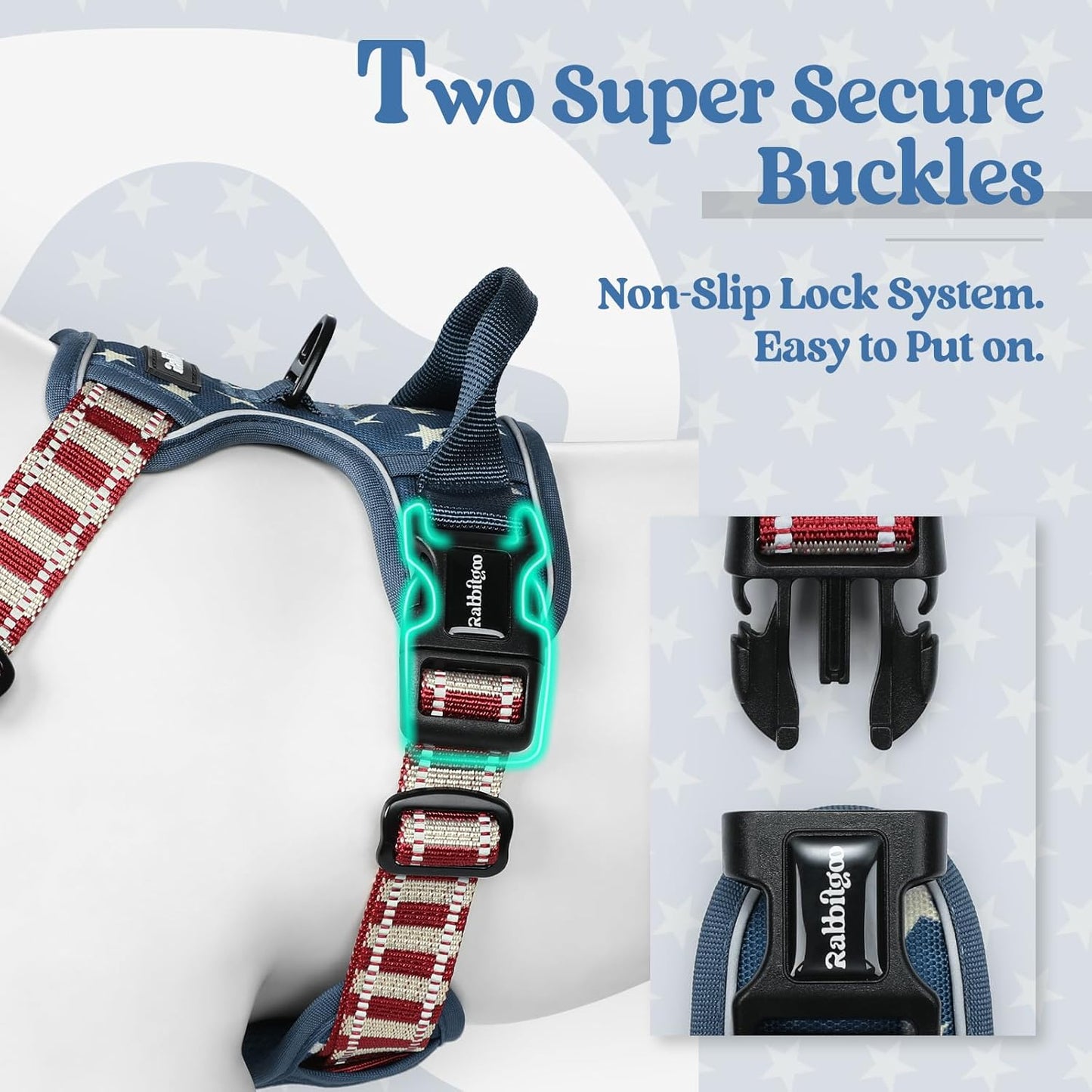 rabbitgoo Dog Harness No Pull with 2 Leash Clips, Adjustable Soft Padded, Reflective Oxford No Choke Pet Vest with Easy Control Handle for Large Dogs, Blue Star, S