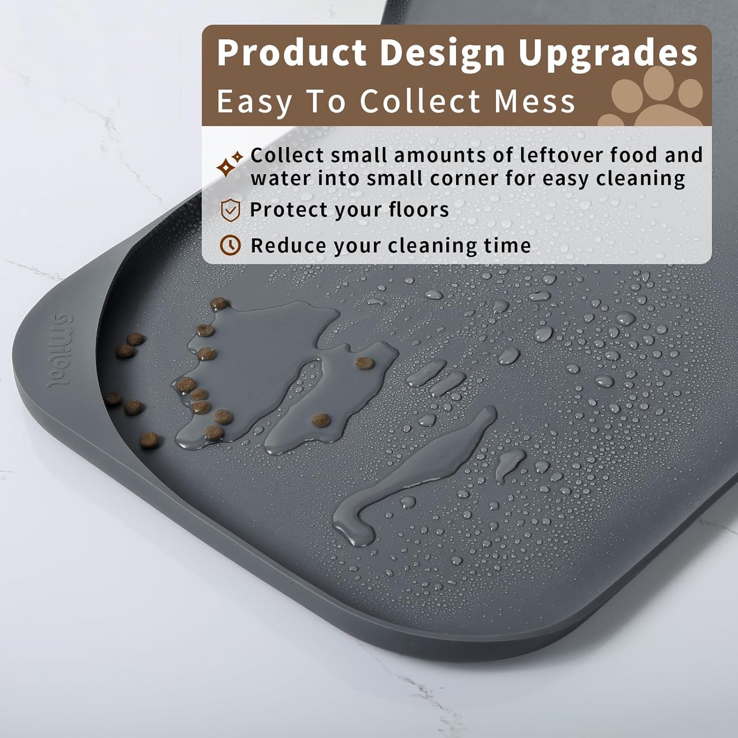 Silicone Pet Feeding Mat with Raised Edge & Residue Collection Pocket for Food and Water, Dog Bowl Mats, Cat Bowls Placemat with High Lip for Floor Waterproof, 24 x 16 x 0.8 Grey