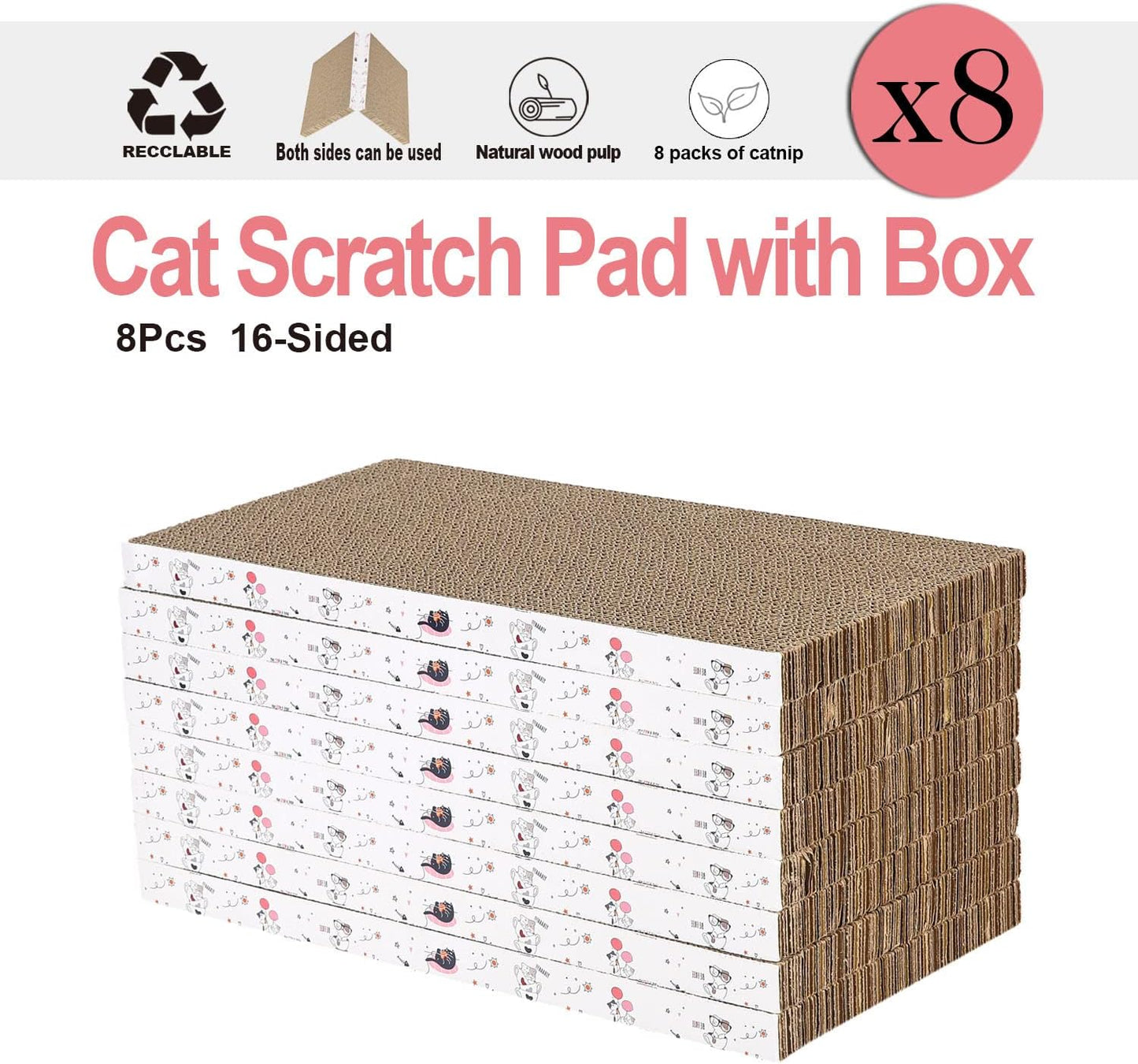 8 Packs in 1 Cat Scratch Pad, Cat Scratcher Cardboard,Reversible,Durable Recyclable Cardboard, Premium Scratch, Suitable for Cats to Rest, Grind Claws and Play