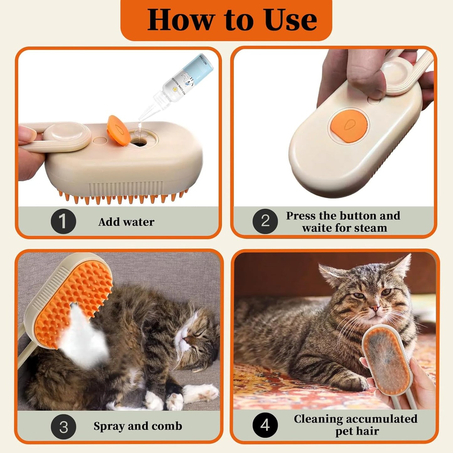 4-in-1 Cat Steam Brush for Shedding & Grooming, Spray Hair Removal Comb, Cat Brush for Massage, Pet Grooming Comb Hair Removal Tool for Cats and Dogs