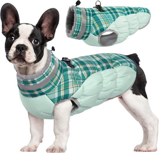 FUAMEY Dog Coat for Medium Dogs,Waterproof Dog Winter Jacket with Harness Built in Puppy Cold Weather Coats Reflective Pet Vest with Zipper Warm Fleece Dogs Snowsuit Windproof Green Plaid M
