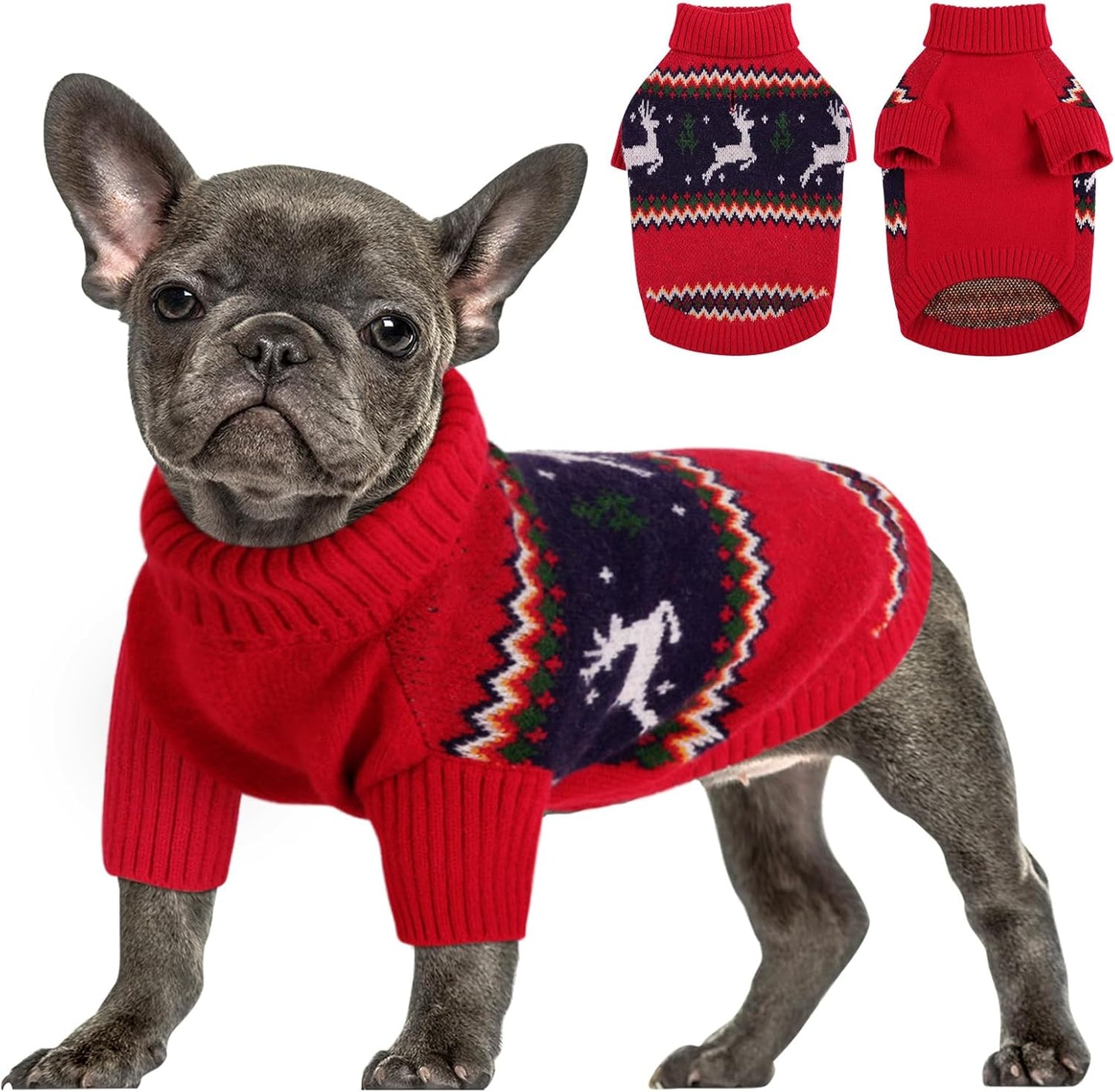 Queenmore Christmas Dog Sweater,Knitted Pullover Christmas Clothes,Turtleneck Dog Xmars Outfit, Warm Pet Sweaters for Small Dogs Boys or Girls M