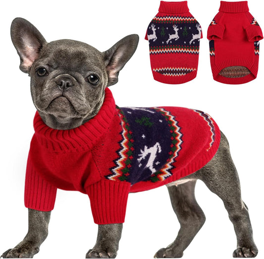 Queenmore Christmas Dog Sweater, Knitted Pullover Turtleneck Outfit, Warm Clothes for Small Dogs Boys or Girls S