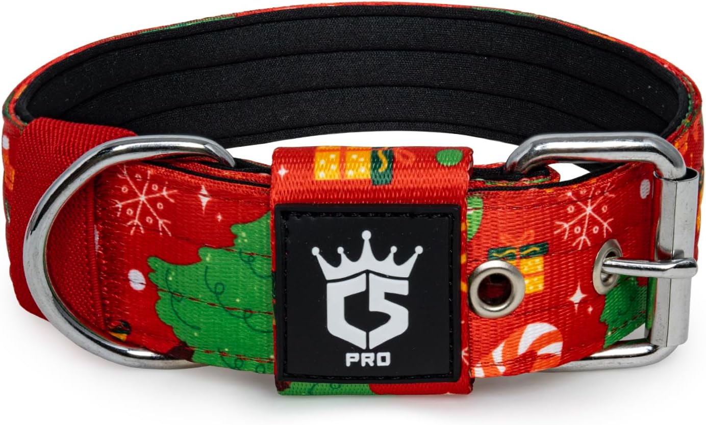 TSPRO Tactical Dog Collar 1.5 Inch Wide Thick Dog Collars with Heavy Duty Metal Buckle, Durable, Strong, Adjustable for Medium to Large Dogs (Christmas Red M)