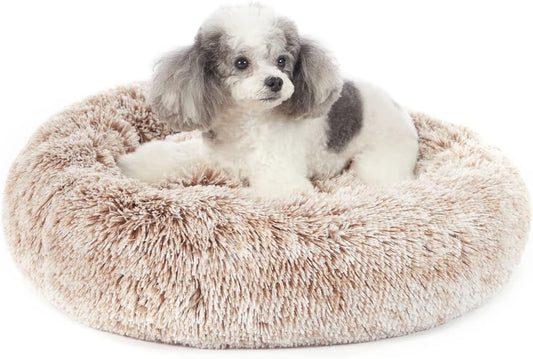 Bedfolks Calming Donut Dog Bed, 23 Inches Round Fluffy Dog Beds for Small Dogs, Machine Washable Anti-Anxiety Plush Puppy Bed（Brown, Small）