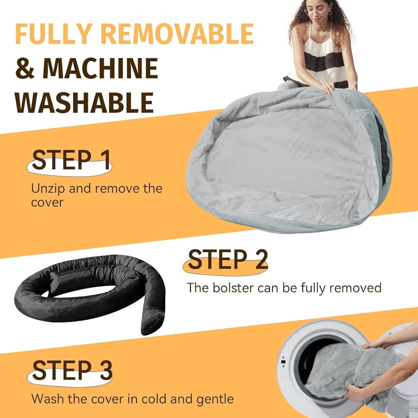 Orthopedic Waterproof Large Dog Bed: Memory Foam Washable Dog Bed with Bolsters - XL Removable Washable Cover for Medium Large Sized Pet - Non-Slip Bottom - Silver