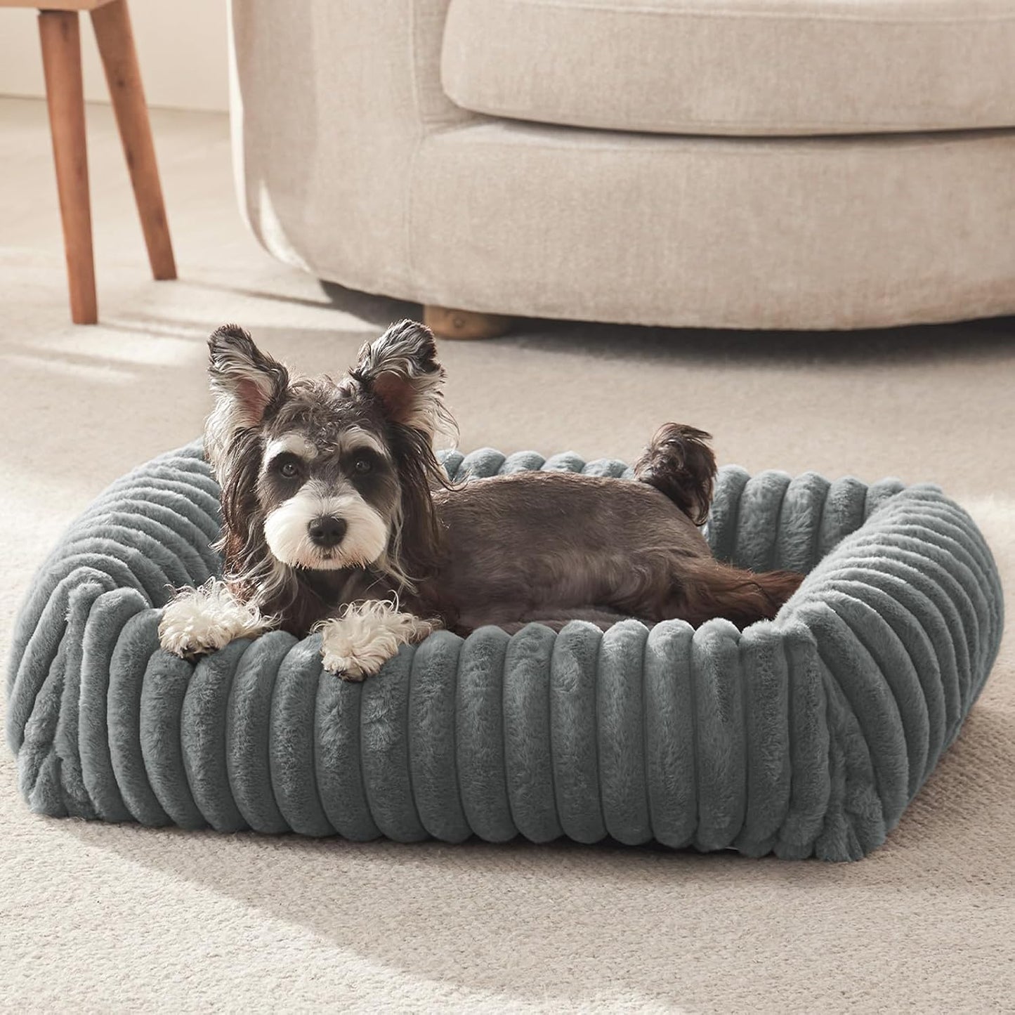 Dog Beds for Small Dogs, Washable Orthopedic Dog Bed with Removable Cover, Rectangle Soft Calming Sleeping Puppy Bed Durable Pet Cuddler with Anti-Slip Bottom, 20"x19"x6" Grey