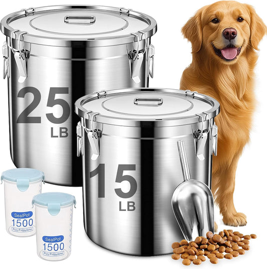Dog Food Storage Containers, Large Stainless Steel Pet Food Storage Containers 38 lb / 17 kg to Keep Fresh, Metal Airtight Cat Food Containers With Scoop and 2 Small Containers