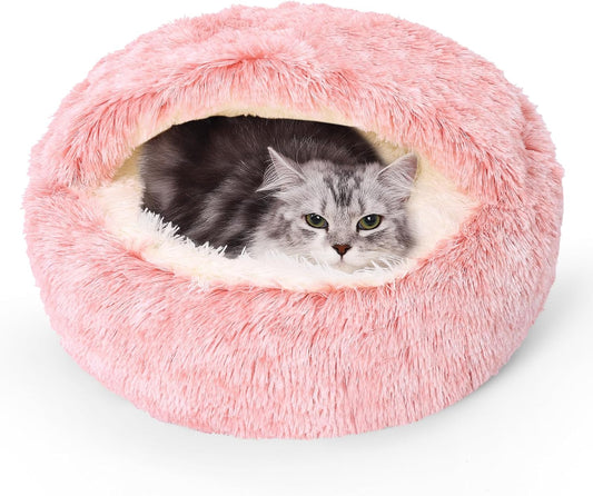 Calming Bean Mush Beds & Cat Cave with Hooded Cover, Removable Washable Round Beds for Small and Medium Pets, Anti-Slip Faux Fur, Fits Up to 15/25 lbs