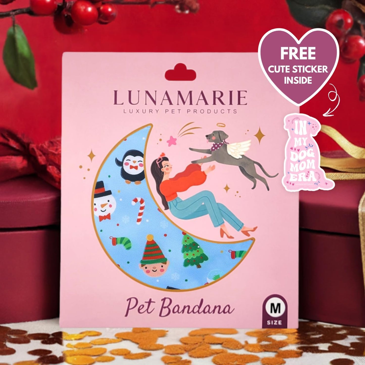 LunaMarie - Luxury Pet Birthday Bandanas -Premium & Silky Poly Fabric | 100% Handmade | Custom Shape Dual Layered (Santa's North Pole, Large)