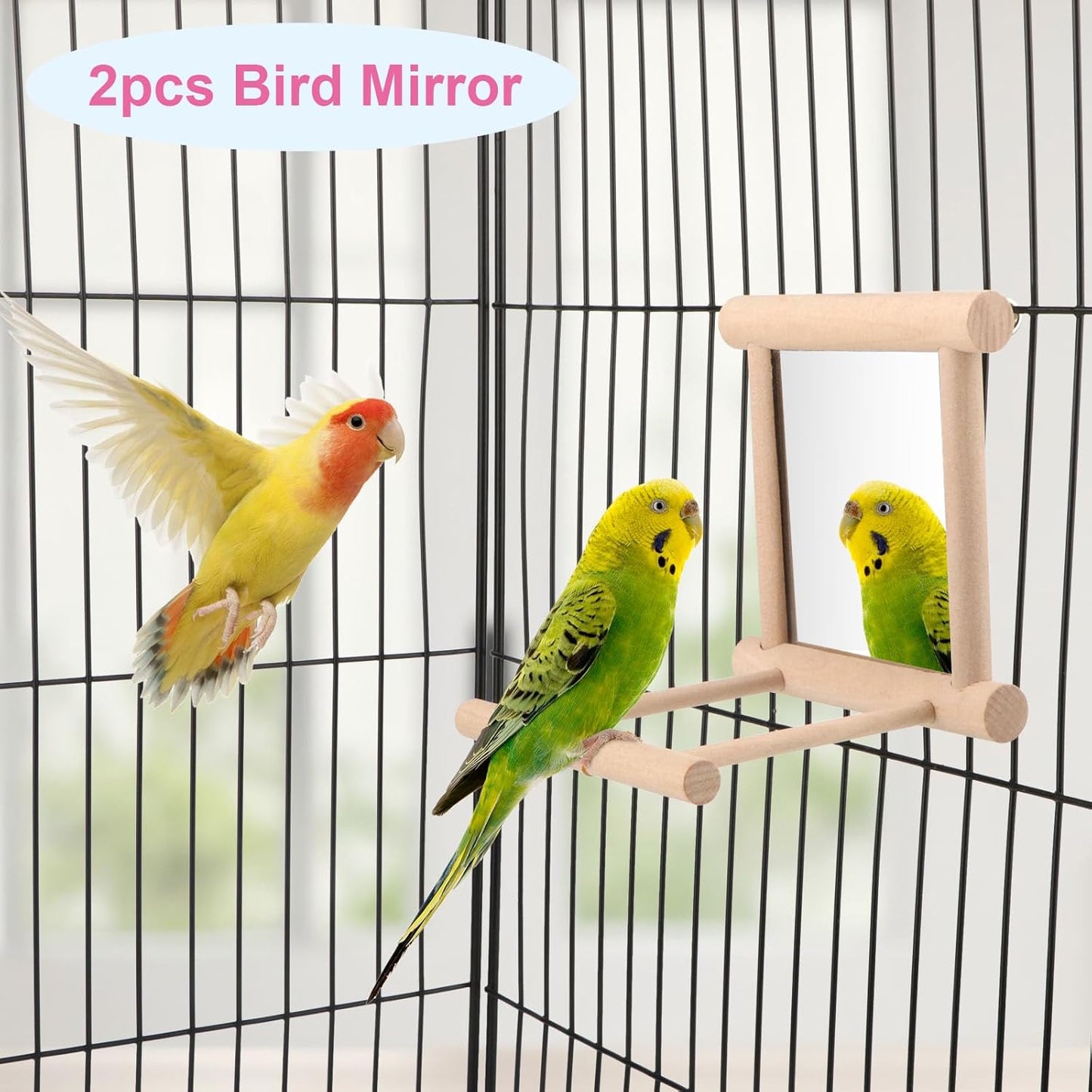 Wontee Bird Mirror Bird Toys for Budgies Parakeets Cockatiels Lovebirds Conures (Wood color-2pcs)
