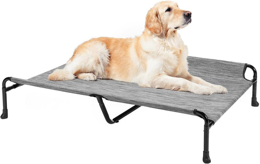 Veehoo Cooling Elevated Dog Bed - Raised for Large Dogs, Outdoor With Guardrail, Upgraded Non-Slip Feet, Breathable Teslin Mesh, Portable Camping Cot, 53 x 33 Inches, Black Silver