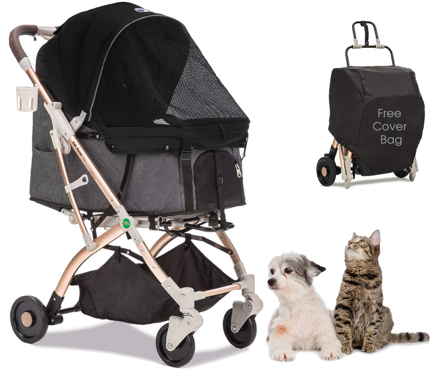 Lite Premium Light-Weight Dog/Cat/Pet Stroller Travel Carriage with Convertible Compartment/Zipper-Less Entry/1-Hand Quick Fold/Aluminum Frame for Small & Medium Pets (Black 2nd-Gen.)