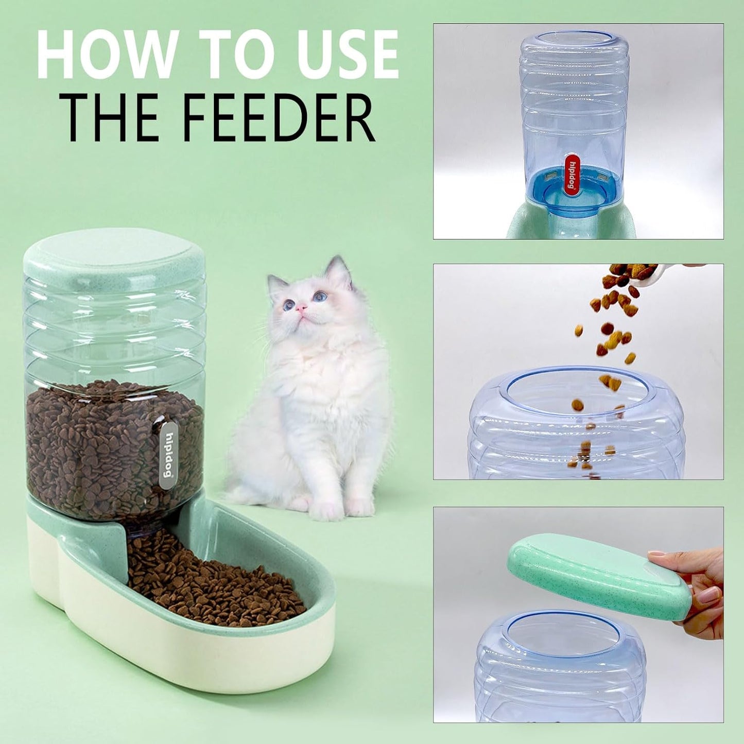 kathson Automatic Cat Feeder 1 Gallon Gravity Dog Food Dispenser Large Capacity Self Feeding Pet Food Bowl Station for Puppy Kitten Rabbit Green