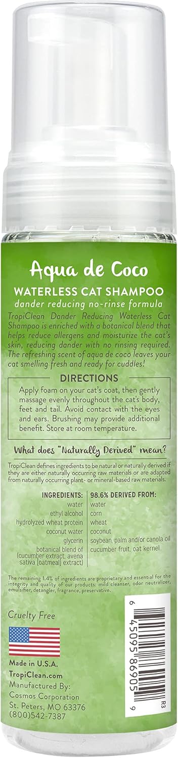TropiClean No Rinse Waterless Cat Shampoo | Dandruff Treatment | Moisturizing Dry Shampoo for Dry Skin | USA Made | Aqua de Coco Scent | 7.4oz.