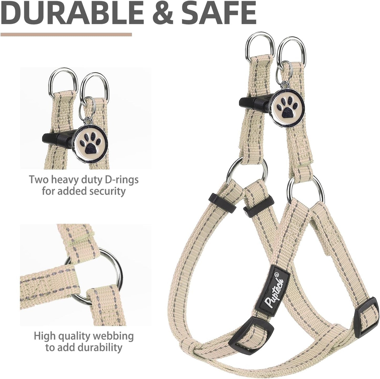 PUPTECK No Pull Dog Harness Soft Adjustable Basic Nylon Step in Puppy Vest Outdoor Walking with ID Tag, Reflecive Beige, S