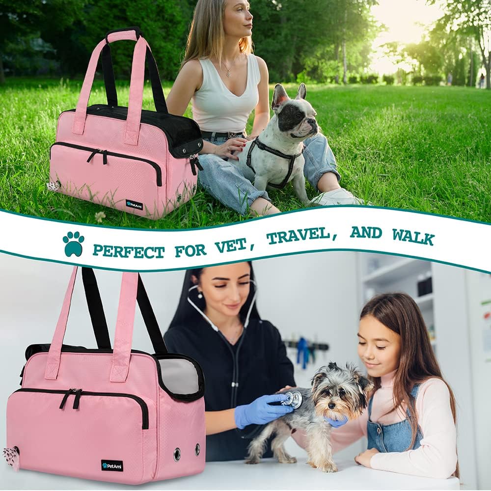 PetAmi Small Dog Purse Carrier, Soft-Sided Pet Carrier Bag with Pockets, Portable Puppy Cat Travel Handbag Tote, Airline Approved Breathable Mesh, Poop Bag Dispenser, Max 18 lbs, Pink