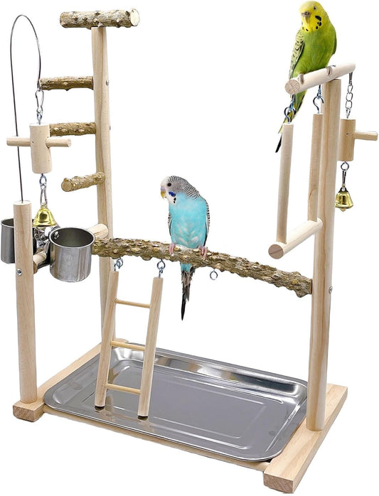 Bird Playground Parrot Playstand Bird Perch Stand Gym Natural Wood Play Stand with Swing Ladder Feeder Cups for Parakeets Cockatiels Lovebirds Conures Budgies