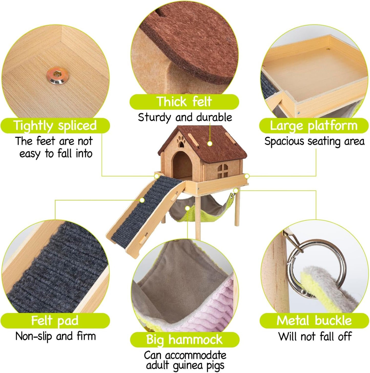 3 in 1 Enlarged Guinea Pig Hammock,Wooden Guinea Pig Hideout with House & Platform & Stairs Small Animal Toys for Hiding Sleeping Activities