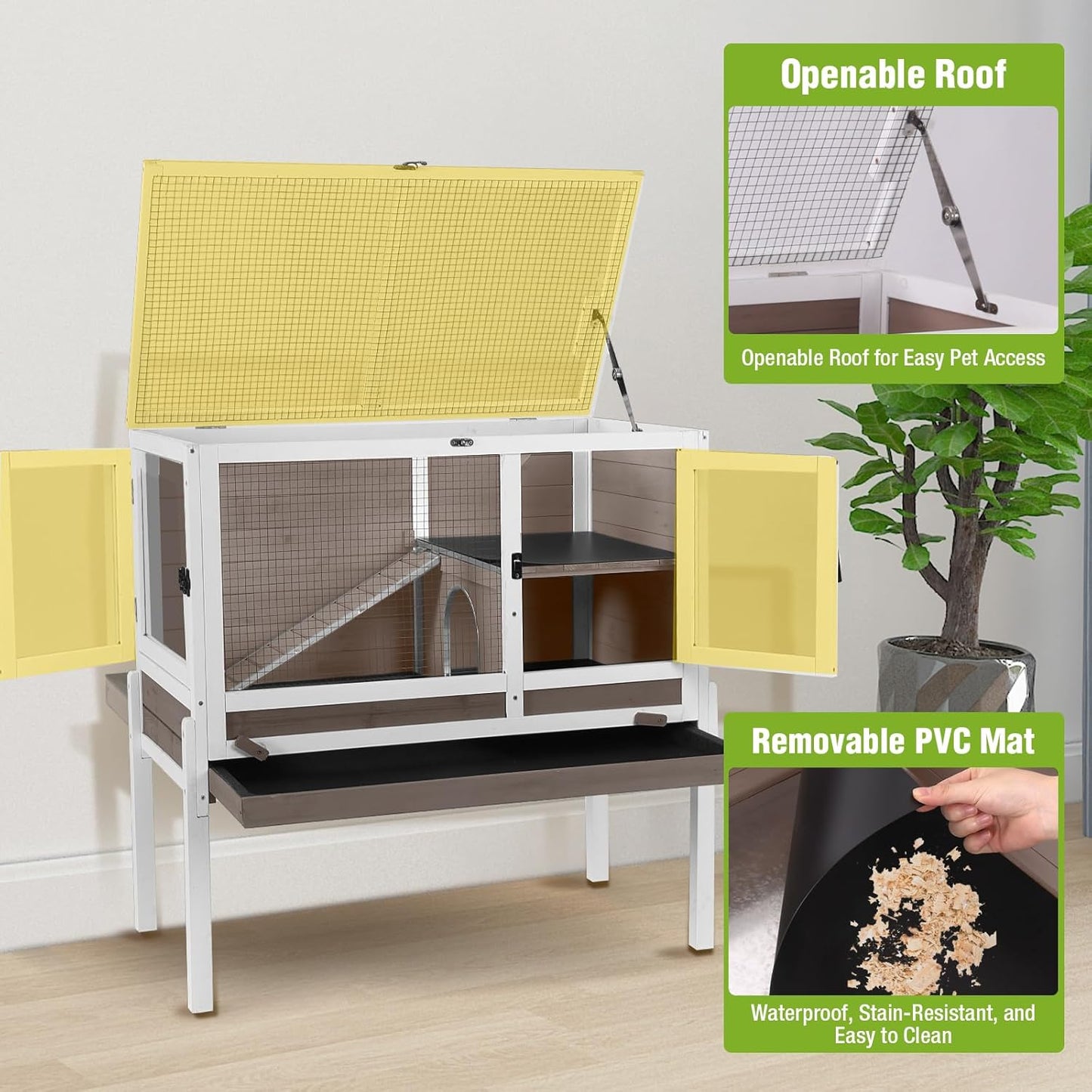 GUTINNEEN Indoor Rabbit Hutch Guinea Pig Cages with Chew-Proof Ramp, 2-Story Wooden Bunny House with Pull-Out Tray & Leakproof PVC Layer, Small Animal Cage with Detachable Legs