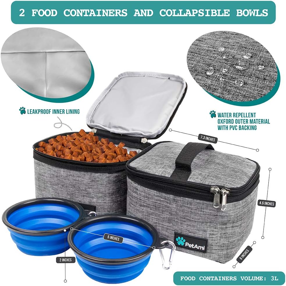 PetAmi Dog Travel Bag - Organizer with Food Container, Bowls & Accessories for Weekend Camping, Cat Diaper Bag (Grey, Medium)
